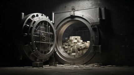 Open round large safe door and inside it stacks of dollars