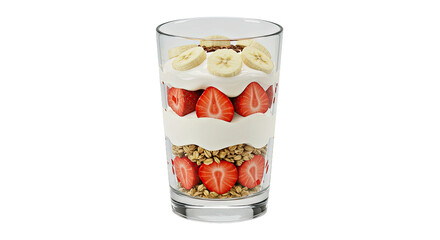 Fresh banana and strawberry yogurt parfait layered in a tall glass cup