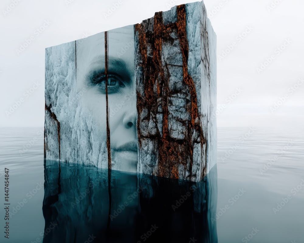 Aufkleber abstract artistic double exposure conceptual artwork featuring a face embedded in a textured ice cub