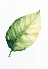 Watercolor illustration of a single, vibrant leaf.  Detailed depiction of a leaf's intricate veining and gradient color transitions from deep green to pale yellow-green.  A delicate stem connects 