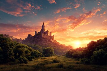 Obraz premium Majestic landscape with a large medieval castle, dominating the background, surrounded by lush greenery, under a vivid sunset sky