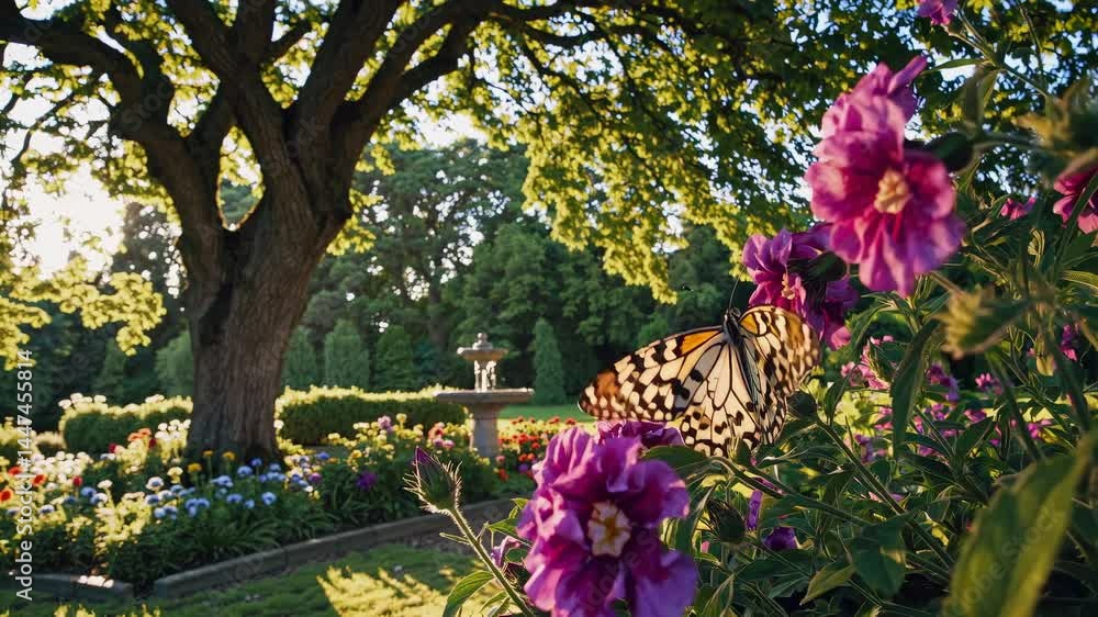 Poster a serene garden scene with a large tree and vibrant flowers, captured from a low angle. sunlight fil