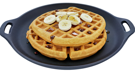 Warm banana chocolate chip waffles presented on a charming cast iron plate