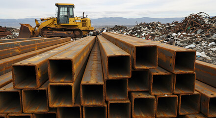 Accumulation of Rusty Metal Square Tubing and Bulldozer in a Scrap Yard under Overcast Sky