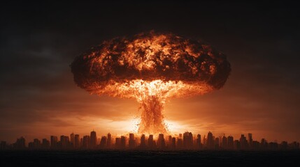 Nuclear mushroom cloud rising over urban skyline, devastating city buildings and generating immense destruction during simulated apocalyptic nuclear weapon scenario