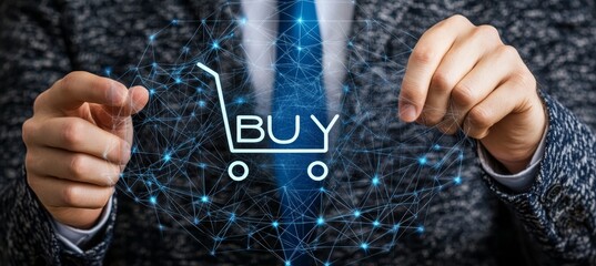 Businessman Interacting With A Virtual Online Shopping Cart Icon To Make Purchases In E-commerce.