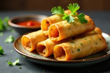 Crispy spring rolls, dipping sauce, cilantro garnish, spring rolls, foodphotography