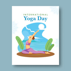 International Yoga Day Post with Faceless Woman Practice Yoga of Utthita Ashwa Sanchalanasana(High Lunge) Pose at Nature View Illustration.