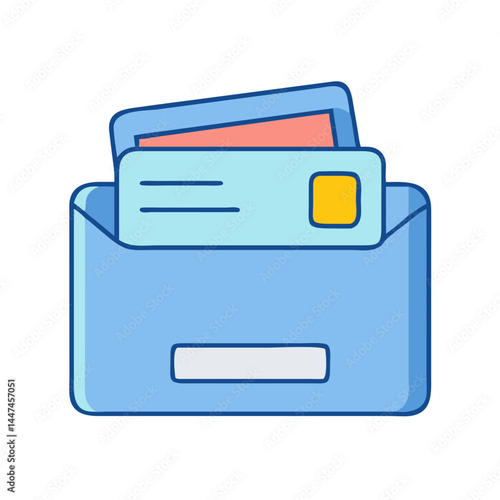 Poster illustration of inbox file folder with documents and business card for data management and storage