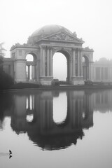 San Francisco palace of fine arts in the fog, black and white 