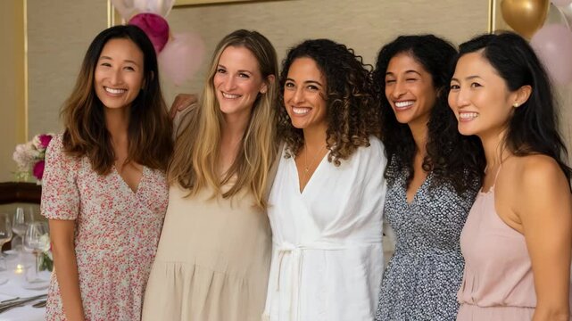 A cheerful ensemble of five friends sharing smiles at a celebration event, reflecting joy, camaraderie, and the essence of friendship in a festive atmosphere.