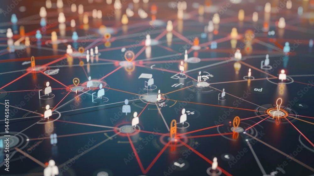 Poster business icons linked across a global grid