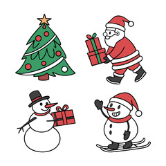 Christmas Cartoon Icons Santa, Snowman, Tree, gift box, Reindeer Vector Set on white background. Christmas Holiday Icons