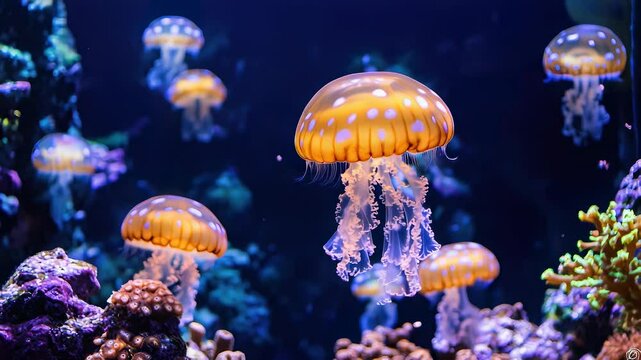 Underwater exploration reveals beautiful jellyfish floating gracefully in a vibrant tank filled with colorful coral and marine life