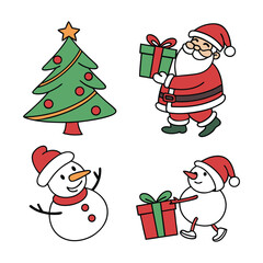 Christmas Cartoon Icons Santa, Snowman, Tree, gift box, Reindeer Vector Set on white background. Christmas Holiday Icons