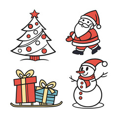 Christmas Cartoon Icons Santa, Snowman, Tree, gift box, Reindeer Vector Set on white background. Christmas Holiday Icons