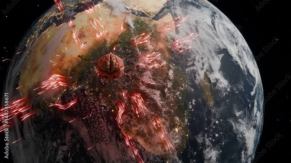Poster planet earth showing africa from space with human brain and red digital network lines. artificial in