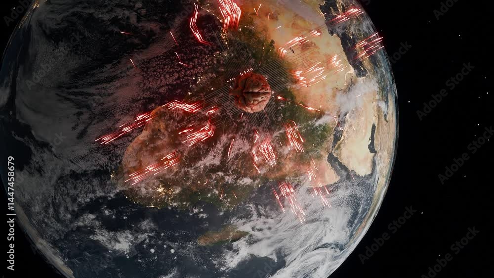 Aufkleber planet earth showing africa from space with human brain and red digital network lines. artificial in