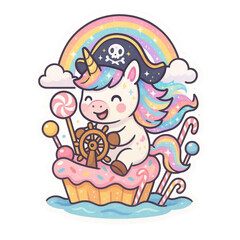 A cheerful unicorn with rainbow mane, dressed as a pirate, steers a cupcake boat adorned with candy and a rainbow.