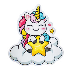 A cute cartoon unicorn with a rainbow mane sits on a cloud, holding a yellow star and smiling.