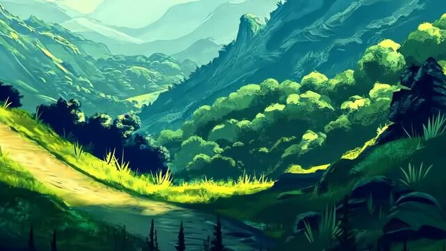 Lush mountain valley in sunlit cascades with vibrant greenery and river path