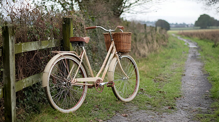 Fototapeta premium Exploring the countryside on a vintage bicycle scenic path image capture natural setting serene perspective retro charm