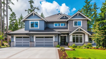 Naklejka premium Exterior view of a two story house with a two car garage door