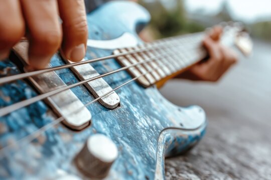 Close-up of a person playing a blue electric bass guitar