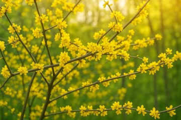 Obraz premium Vibrant Yellow Flowers Blooming Springtime Nature Photography Lush Branches Sunlight Golden Blossoms Beautiful Floral Background Detailed Image Springtime Scenery Yellow Flowers Nature Photography 