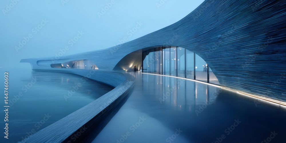 Aufkleber 洗練された未来的な建築デザイン 水面反射する曇り空の青色光景