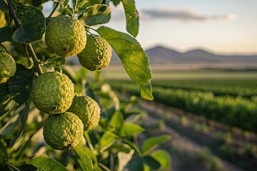 Citrus fruits on a tree, field beyond