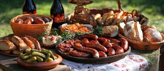 Fototapeta premium A Bountiful Outdoor Feast: Grilled Sausages, Breads, and Pickles