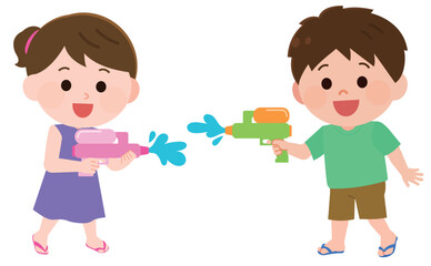 水鉄砲で遊ぶ男の子と女の子　イラスト