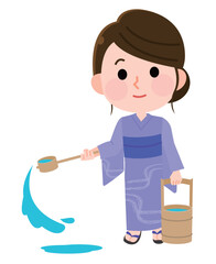 打ち水をする浴衣の女性　イラスト
