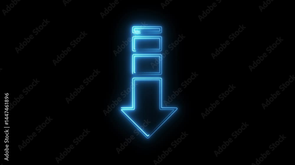 Poster glowing neon arrow animation pointing downwards with boxes isolated on black background
