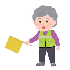 登下校の見守りボランティアをする高齢女性　イラスト