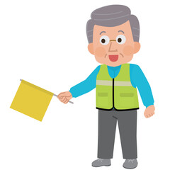 登下校の見守りボランティアをする高齢男性　イラスト