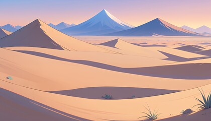 Serene Desert Landscape with Dunes and Distant Mountains at Sunrise