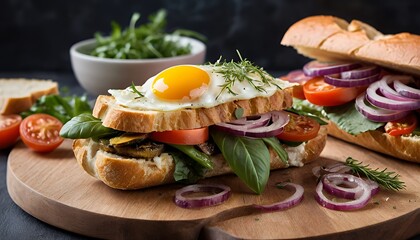 Delicious Egg and Vegetable Sandwich on Wooden Board Ready to Eat
