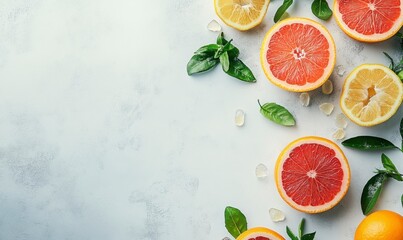 Fresh Citrus Fruits with Basil Leaves on a Light Background