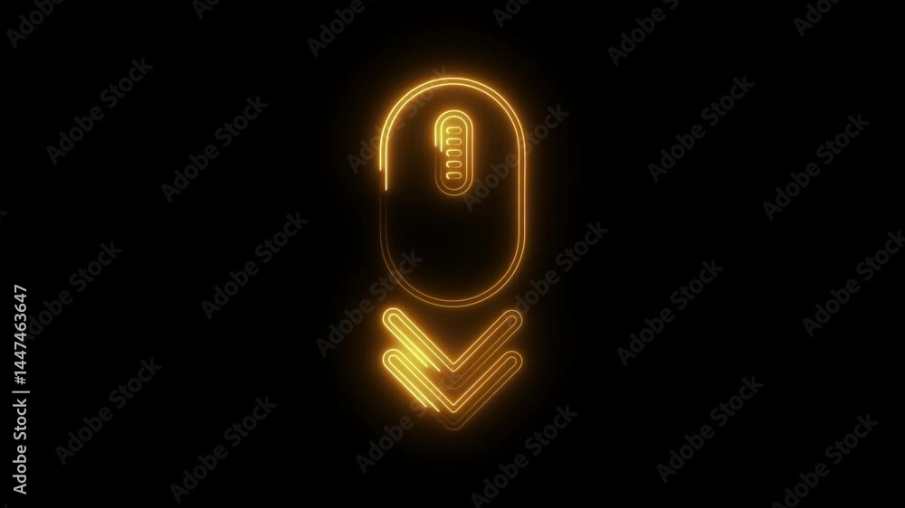 Poster glowing neon scroll down button animation on black background