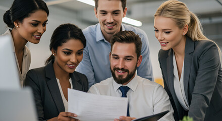 Diverse business team collaborates, reviewing documents in a modern office setting