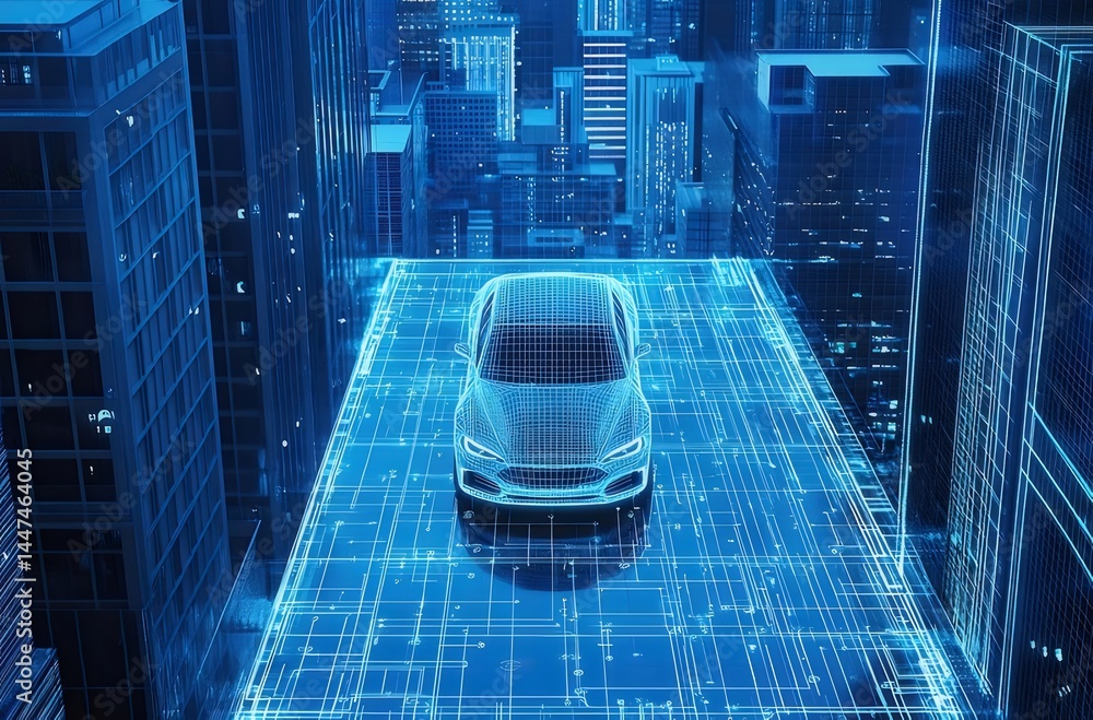 Poster 青い光の未来都市を走る自動車 デジタルネットワークと都市インフラを表現