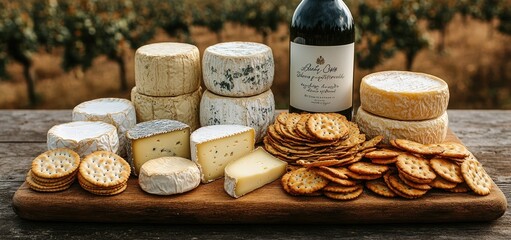 Naklejka premium Gourmet Cheese and Cracker Platter with Wine