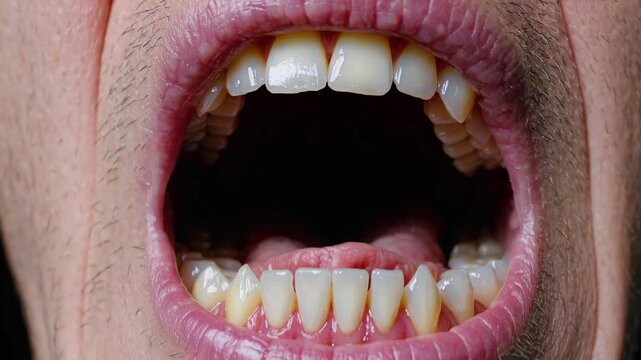 Male patient opening mouth wide during dental checkup, revealing teeth, tongue, and oral cavity during comprehensive health screening