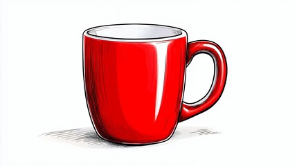 Vibrant Red Ceramic Mug on White Background Simple Kitchen Illustration