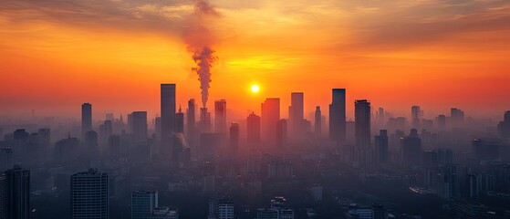 Fototapeta premium Cityscape under a hazy, orange sunrise. Buildings obscured by pollution, smoke rises