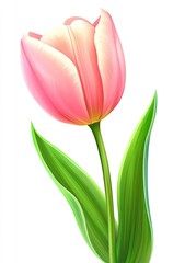 Naklejka premium Single pink tulip with green leaves, vibrant color illustration