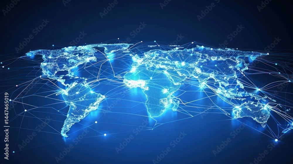 Poster abstract blue background with connected global nodes