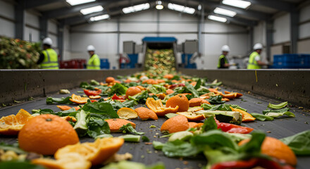 Food Waste Processing on Conveyor Belt with Workers in the Background inside a Large Recycling Facility with Industrial Lighting